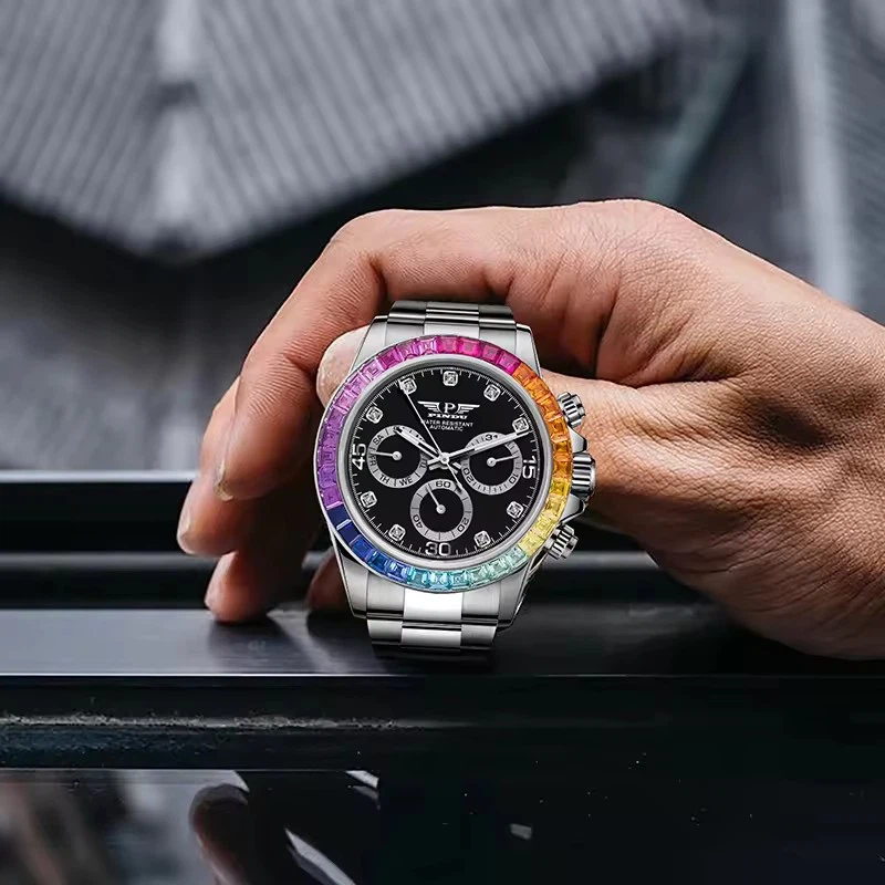 Men Luxury Rainbow Design Fashion Steel Date Multi-functional Diamond Case Diamond Dial Automatic Mechanical Watches